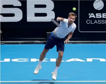  ?? Getty Images ?? Peter Gojowczyk serves in his second round match against Jack Sock during day three of the ASB Men’s Classic. —