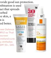  ??  ?? 15. Invisible Zinc Sheer Defence SPF50, $26. 16. SIMPLE as That SPF30 Natural Sunscreen Lotion, $35 from ohnatural.co.nz. 17. La Roche-Posay Anthelios Ultra-Light Spray SPF 50+, $40.
