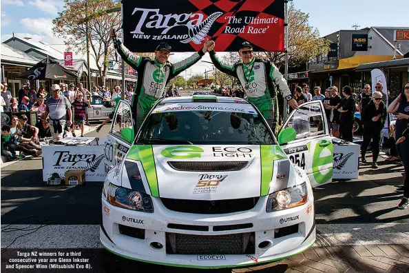  ??  ?? Targa NZ winners for a third consecutiv­e year are Glenn Inkster and Spencer Winn (Mitsubishi Evo 8).