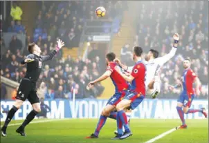  ?? ADRIAN DENNIS/AFP ?? Chelsea striker Diego Costa (second right) scores against Crystal Palace in their English Premier League match at Selhurst Park in south London on Saturday.
