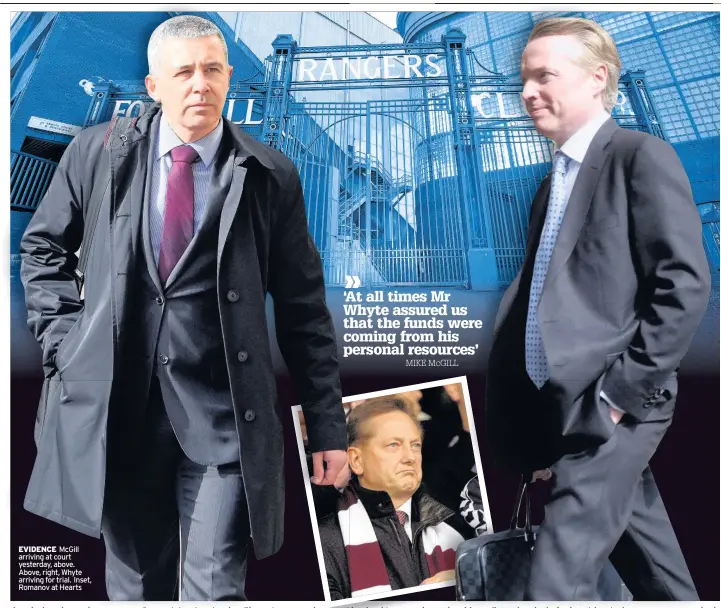  ??  ?? EVIDENCE McGill arriving at court yesterday, above. Above, right, Whyte arriving for trial. Inset, Romanov at Hearts