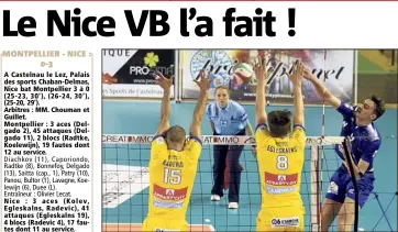  ?? (PQR/Midi Libre) ?? Radevic, Egleskalns et les Niçois ont éteint le pointu Jean Patry, pour une victoire de prestige. Nice a l’occasion de conclure lundi à domicile.