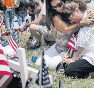  ?? AP PHOTO ?? Two women mourn Saturday at a makeshift memorial near the Armed Forces Career Center for the victims of the July 16 shootings in Chattanoog­a, Tenn.