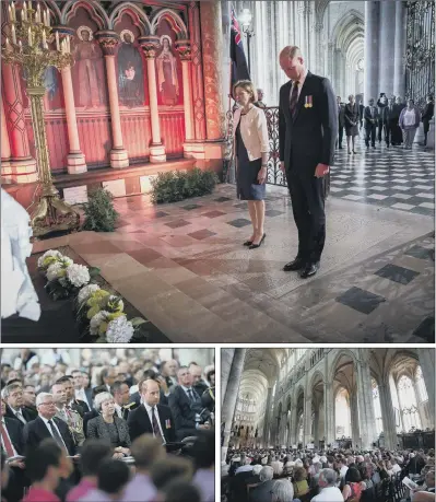  ?? PICTURES: PA WIRE. ?? CENTENARY MARKED: Above, the Duke of Cambridge and Florence Parly, France’s Minister to the Armed Forces, laying wreaths in the Chapel of the Allies at Amiens Cathedral, France; left, the Duke and Prime Minister Theresa May; right, veterans joined VIPs...