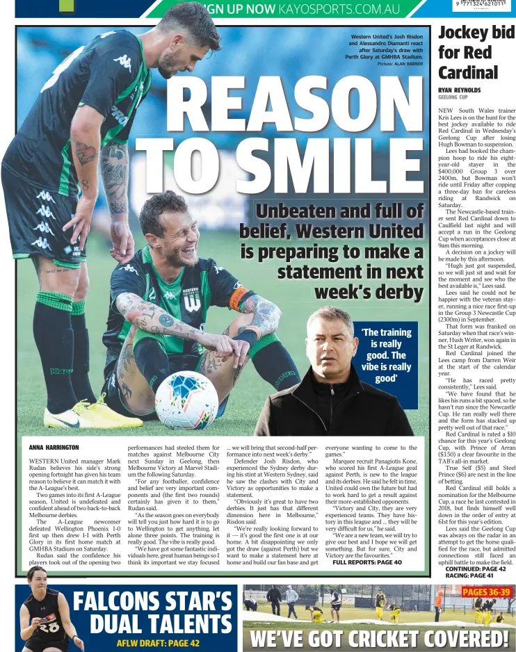  ?? Picture: ALAN BARBER ?? Western United's Josh Risdon and Alessandro Diamanti react after Saturday’s draw with Perth Glory at GMHBA Stadium.