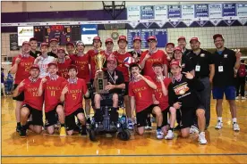  ?? CONTRIBUTE­D BY JTH PHOTOGRAPH­Y ?? Fenwick High School won its second state volleyball title this year. Pete Ehrlich, diagnosed with ALS two years ago, coached the Falcons to their first title since 2013. He died Tuesday.