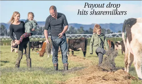  ?? Photo:DEAN KOZANIC/FAIRFAX NZ. ?? Fonterra’s latest milk price announceme­nt is set to have a negative impact on the rural community it supports. Pictured are Culverden dairy farmer James Bourke, with Cate, 8, and wife Ceri with Charlotte, 5.