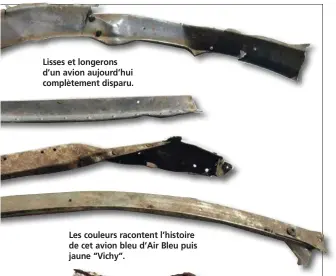  ??  ?? Lisses et longerons d’un avion aujourd’hui complèteme­nt disparu. Les couleurs racontent l’histoire de cet avion bleu d’Air Bleu puis jaune “Vichy”. Une exposition à Aeroscopia, à Blagnac, jusque fin août 2017, permet de découvrir les plus belles pièces...