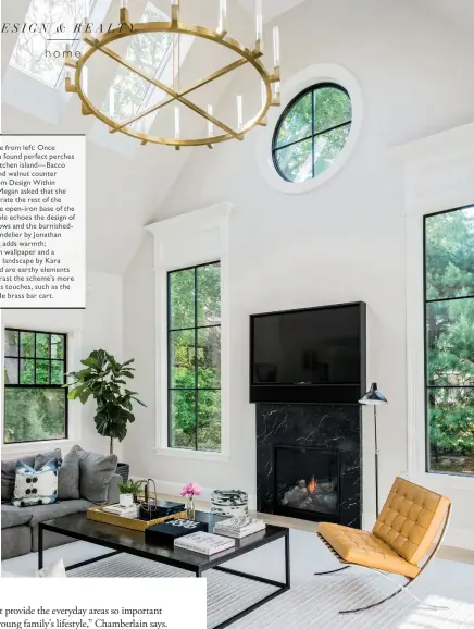  ??  ?? Clockwise from left: Once Anderson found perfect perches for the kitchen island—Bacco leather and walnut counter stools from Design Within Reach—Megan asked that she also decorate the rest of the house; the open-iron base of the coffee table echoes the...