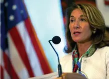  ??  ?? ‘PROMOTE COMPLIANCE’: Lt. Gov. Karyn Polito gives a coronaviru­s update at Symmons Industries in Braintree on Wednesday.
