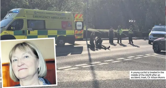  ??  ?? A young cyclist is treated in the middle of the A629 after an accident; Inset, Clr Alison Munro