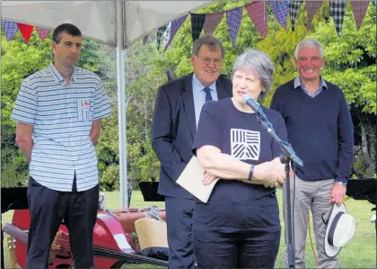  ?? Photo / Bethany Rolston ?? Helen Clark speaks at the Pirongia Forest Park Lodge 30th celebratio­ns. She is pictured with Te Pahu¯ School Principal Andrew Chesswas (left), lodge vice patron and Waipa¯ major Jim Mylchreest (centre) and lodge trustee and Waikato Regional Council chair Alan Livingston.