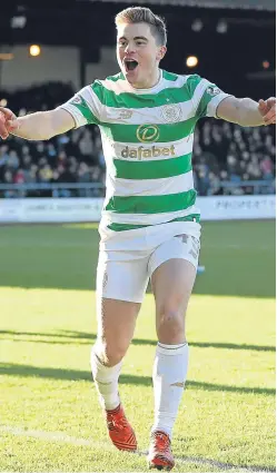  ?? Picture: Getty. ?? James Forrest celebrates after scoring the opening goal at Dens Park. The Hoops winger says Celtic have hit all their targets so far this season.