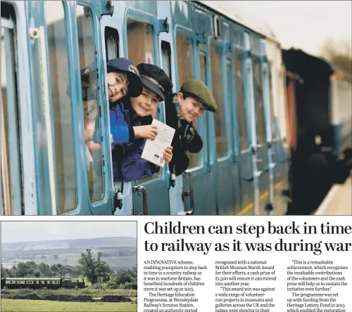  ??  ?? Top, Thomas Mitcinson, five, Isaac Scurrah, six, and Owen Edwards, 10, on a train at Leeming Bar station. Above, steam locomotive “Joem” near Leyburn.