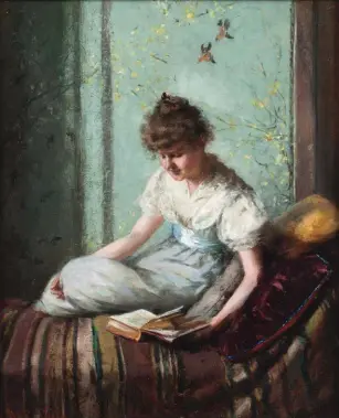  ??  ?? Maria R. Dixon (1849-1897), A Quiet Moment, 1896. Oil on canvas, 26 x 13 in., signed lower left: ‘M. R. Dixon’.