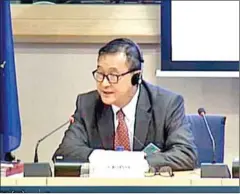  ?? SUPPLIED ?? Self-exiled opposition leader Sam Rainsy speaks in July at the European Parliament, where he called for stricter action from the EU to ensure legitimate elections in 2017 and 2018.