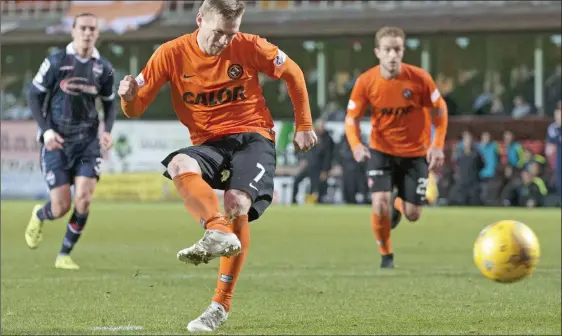  ??  ?? WINNING TOUCH: Billy Mckay fires home from the penalty spot to give Dundee United a much-needed victory
