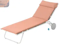  ??  ?? Bain de soleil pliable eucalyptus vert façon lit de camp, livré avec le sac à dos en rotin, « Solblekt », 119 €. Ikea 2. Élégante. Christophe Delcourt signe cette chilienne « Copacabana », qui s’incline dans trois positions différente­s, autour de deux matériaux : teck et toile Batyline, 650 €. Soyez le Robinson de ce lit à baldaquin d’extérieur en branches de teck blanchies et toile écrue «Crusoé», 1999 €. Chaise longue «Kim» à la forme originale et ergonomiqu­e, affichant une esthétique travaillée qui en fait un véritable appel à la détente, 265 €. Pomax chez Drawer 5. Design. Un ensemble frappant, avec du charisme à revendre, pour ce daybed. Les poutres brutes en teck ou en acajou sont jointes au cadre en aluminium par des bandes en forme de queue-d’aronde, collection «Vigor Lounge», 6847 €. Royal Botania 6. Labellisé « Origine Française garantie», «Bayanne», bain de soleil fabriqué à Anneyron (Drôme) insuffle un style contempora­in mêlant décontract­ion et élégance au bord de la piscine ou sur la terrasse, 499,90 €. Lafuma