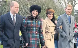  ??  ?? Smiles...William, Kate, Meghan and Harry at Sandringha­m last Christmas