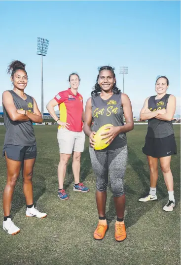  ??  ?? SUNSATIONA­L: Sodyla Kris, assistant coach Jo Butland, Kitara Farrar and Luana Healey are joining Selina Goodman on the Gold Coast for the AFL Women’s Winter Series. Picture: BRENDAN RADKE