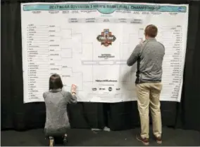  ?? THE ASSOCIATED PRESS ?? In this file photo, staff members for the NCAA place the names of the teams in the Sweet 16 on a bracket in the media work room before the start of practices, at the East Regional of the NCAA college basketball tournament in New York.
