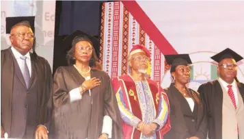  ?? ?? Former Pro- Chancellor, Obafemi Awolowo University ( OAU) Ile- Ife, Dr. Yemi Ogunbiyi ( left); Vice Chancellor, Prof Folasade Ogunsola; Guest Lecturer, Prof Toyin Falola; Deputy Vice Chancellor, Developmen­t Services, Prof Ayodele Atsenuwa and Deputy Vice Chancellor, Management Services, Prof Lucian Obinna Chukwu at the 54th Convocatio­n Lecture of the University of Lagos.