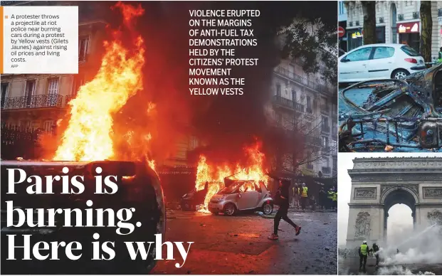  ?? AFP ?? A protester throws a projectile at riot police near burning cars during a protest by Yellow vests (Gilets Jaunes) against rising oil prices and living costs.