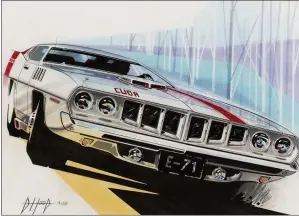  ?? COLLECTION OF ROBERT L. EDWARDS AND JULIE HYDE-EDWARDS ?? “‘71 Barracuda Front End Facelift Concept,” 1968, Donald Hood, American; crayon, gouache, ink, felt marker, prismacolo­r, pastel on vellum.