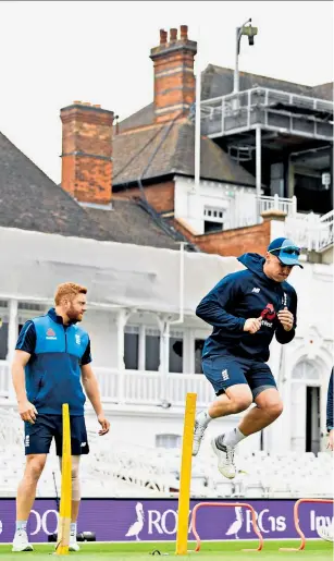  ??  ?? Jump to it: Jonny Bairstow (left) Jason Roy, Alex Hales and Sam Billings warm up at Trent Bridge