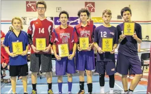  ?? PAULA MAZEROLLE PHOTO ?? Six players were named to the 41st annual M.E. Callaghan Boys Volleyball Classic all-star team. From left: Colby MacDonald, Summerside; Thomas Yeo, East Wiltshire; Connor Ellsworth, M.E. Callaghan; Emmett Gaudette, M.E. Callaghan, and Aiden...