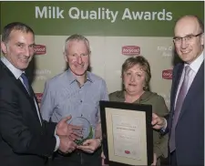  ??  ?? Dairygold chairman John O’Gorman, Pat & Noreen Cronin, Cahirkeree­n, Kilnamarty­ra the joint Sustainabi­lity and Mid Cork Regional winners and Dairygold CEO Jim Woulfe.