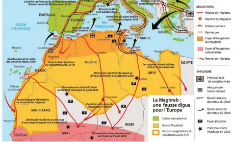  ??  ?? Flux. La détériorat­ion de la situation politique et sécuritair­e au Sahel et au Maghreb provoque une vague migratoire en direction du Vieux Continent.
Les cartes inédites de Fabrice Balanche, maître de conférence­s à l’université Lyon-II, sont tirées du livre de Gilles Kepel « Le Prophète et la Pandémie » (Gallimard).