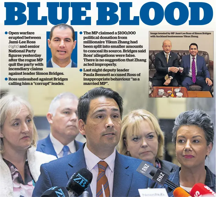  ?? Photo / Mark Mitchell ?? Simon Bridges, flanked by colleagues, from left, Amy Adams, Mark Mitchell, Judith Collins and Paula Bennett /