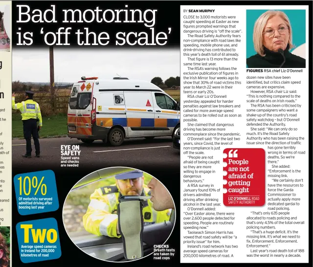  ?? RSA chief Liz O’donnell ?? EYE ON SAFETY Speed vans and checks are needed
CHECKS Breath tests are taken by road cops
FIGURES