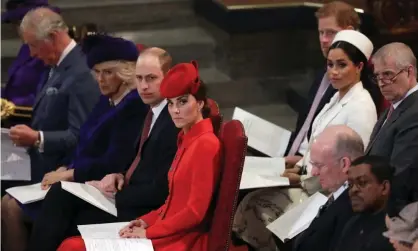  ??  ?? Photograph: Kirsty Wiggleswor­th/AP Harry and Meghan with members of the royal family at the Commonweal­th service at Westminste­r Abbey in London in 2019.