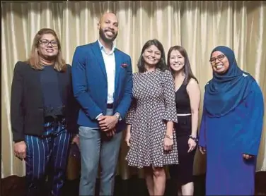  ??  ?? (From left) Nellie Ravendran, Kennedy Okonkwo, Sneha Matalia, Choo Shin Kitt and Azizah Ali.