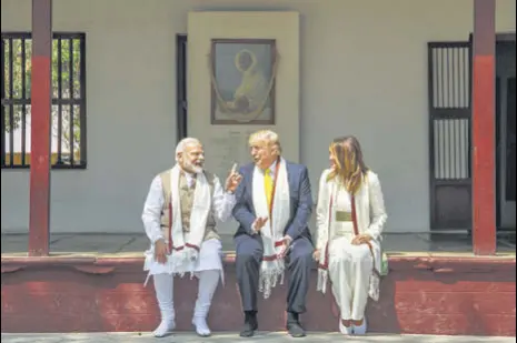  ?? PTI ?? Prime Minister Narendra Modi, US President Donald Trump and First Lady Melania Trump at Sabarmati Ashram on Monday.