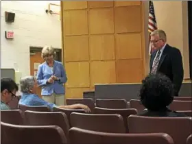  ?? LAURA E. QUAIN - DIGITAL FIRST MEDIA ?? Senator Judy Schwank and Ron Stern of the Governor’s Center for Local Government Services speak to audience at town hall meeting held at Brandywine Heights Middle School, May 17.