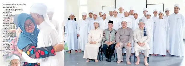  ??  ?? (Gambar atas) SALAH seorang pelajar memeluk ibunya setelah selesai program. PARA pelajar tahfiz bergambar kenangan bersama Haji Mohd Mokhtar (duduk, dua kiri) dan Haji Ismail (duduk, dua kanan) pada program itu.