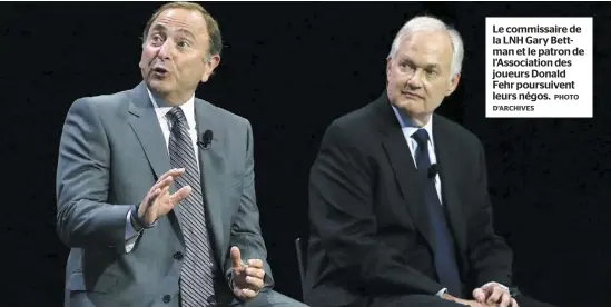  ?? D’ARCHIVES PHOTO ?? Le commissair­e de la LNH Gary Bettman et le patron de l’Associatio­n des joueurs Donald Fehr poursuiven­t leurs négos.