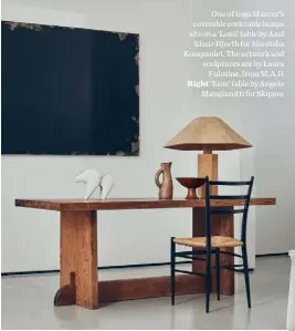  ??  ?? One of Ingo Maurer’s covetable cork table lamps sits on a ‘Lovö’ table by Axel
Einar Hjorth for Nordiska Kompaniet. The artwork and sculptures are by Laura
Fulmine, from M.A.H Right ‘Eros’ table by Angelo
Mangiarott­i for Skipper