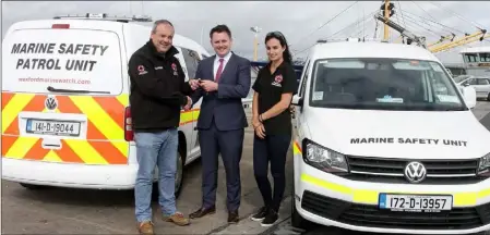  ??  ?? Frank Flanagan, Kevin O’Reilly of Wexford Volkswagen, and Alex Drafilova at the handover of the keys to the two new Marinewatc­h vehicles.