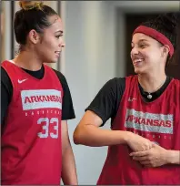  ?? NWA Democrat-Gazette/J.T. WAMPLER ?? Former AAU teammates Chelsea Dungee (left) and Amber Ramirez, who played for different colleges after high school, are together again as redshirt juniors at Arkansas.