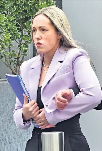  ?? ?? Rebecca Joynes arrives at Manchester Crown Court where she has denied all the charges against her