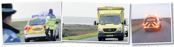  ??  ?? Emergency crews rush to the scene, right, and the road leading to the airport is closed, left, after the plane crashed in Caernarfon