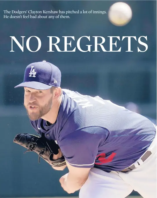  ?? CHARLIE RIEDEL/AP ?? Dodgers starting pitcher Clayton Kershaw throws during the first inning of a spring training game against the Guardians on March 23 in Glendale, Arizona.