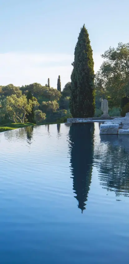  ??  ?? A place to fall in love with: the view from the seawater pool designed by Javier Barba and carved out of an old quarry. Cypresses thin as pencils point at the sky, but they will soon put on girth