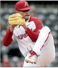  ?? NWA Democrat-Gazette/ANDY SHUPE ?? Arkansas starter Isaiah Campbell threw 7 scoreless innings and had a career-high 13 strikeouts while holding the Seawolves to 3 hits and 1 walk in the Razorbacks’ 3-1 victory in the first game of Friday’s doublehead­er at Baum-Walker Stadium in Fayettevil­le.