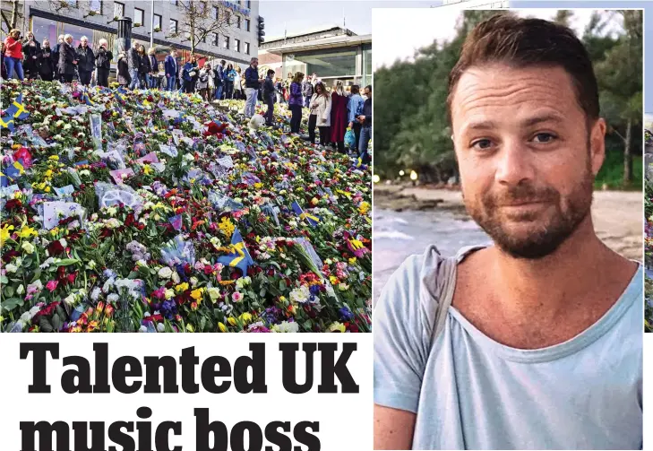  ??  ?? Sea of flowers: Swedes yesterday leaving tributes to the Stockholm victims including Briton Chris Bevington, right