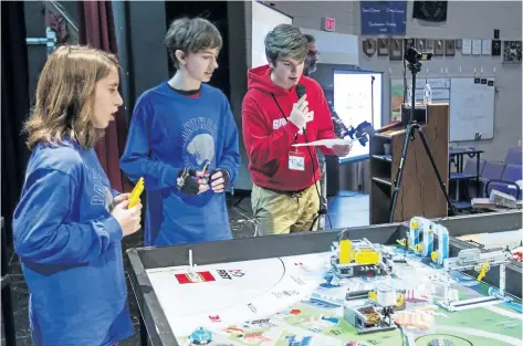  ?? BOB TYMCZYSZYN/STANDARD STAFF ?? Students from Princess Margaret School’s Pantherbot­s are among 13 teams of elementary school students who took part in the annual Niagara region qualifier of the First Lego League on Saturday at Governor Simcoe Secondary School in St. Catharines.